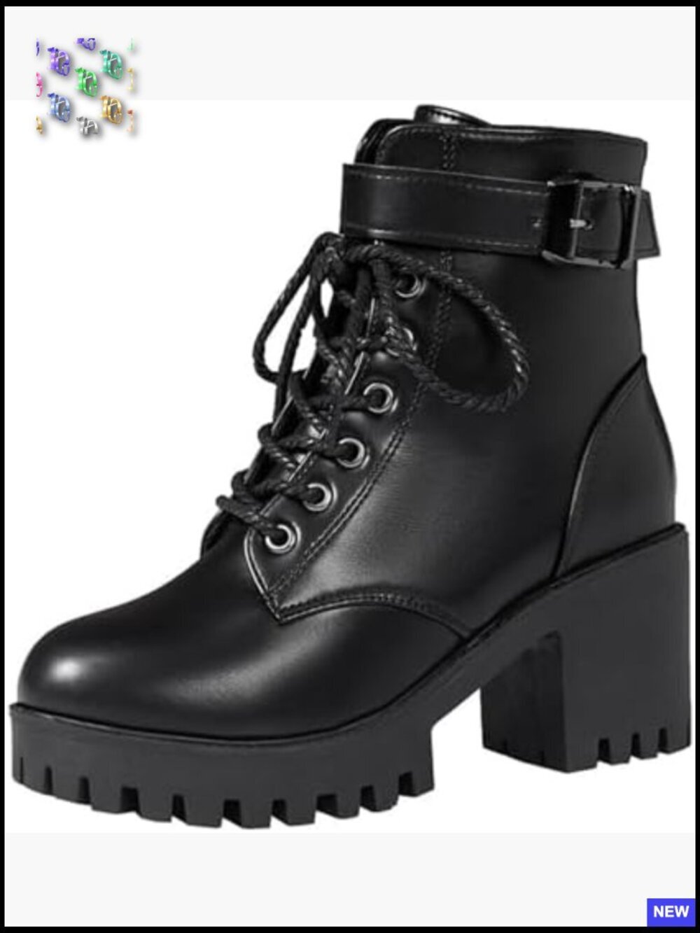 Black Lace Up Chunky Heel Combat Boots Non-slip Lug Sole Side Zipper Ankle